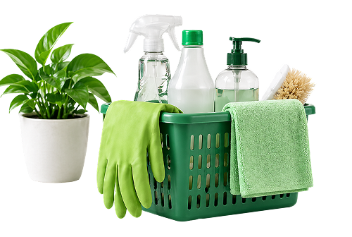 Plant beside cleaning bottles and green gloves